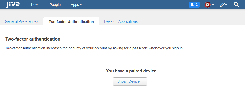 The Two-factor Authentication tab on the Preferences page The Two-factor Authentication tab on the Preferences page