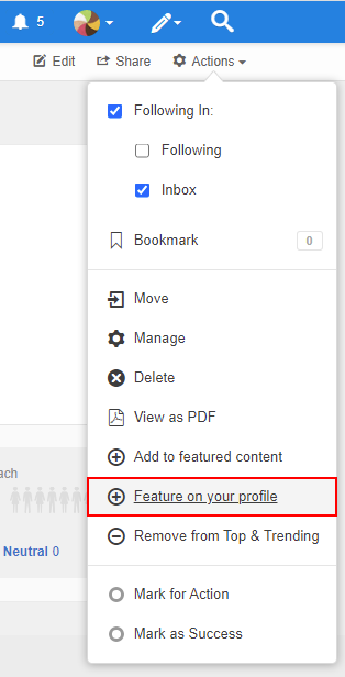 A screenshot of the Actions > Feature on your profile command