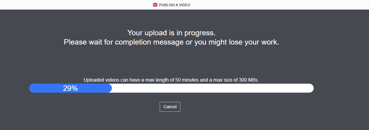 A screenshot of a message during video upload process